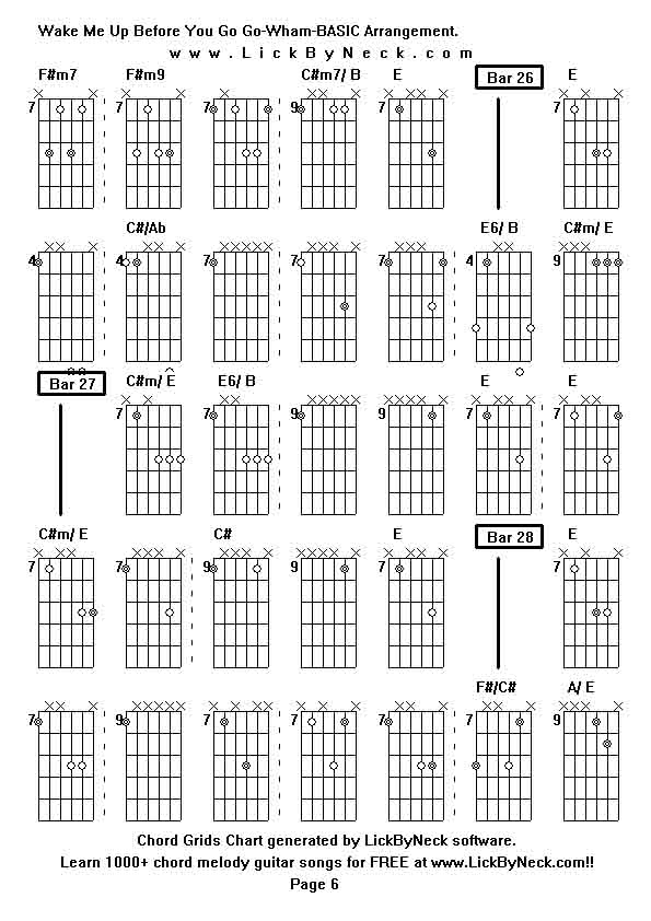 Chord Grids Chart of chord melody fingerstyle guitar song-Wake Me Up Before You Go Go-Wham-BASIC Arrangement,generated by LickByNeck software.